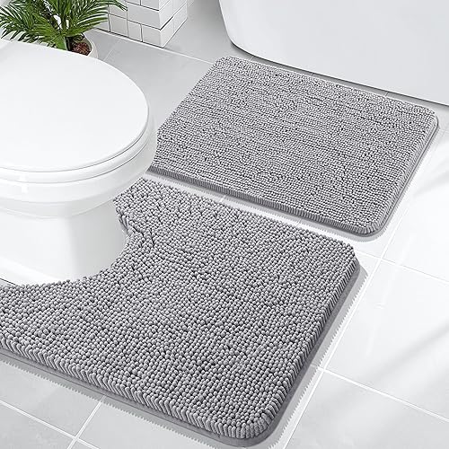 OLANLY Juego de 2 alfombras de baño, tapetes de baño de felpilla suave y absorbente y contorno en forma de U, alfombra de baño lavable a máquina,