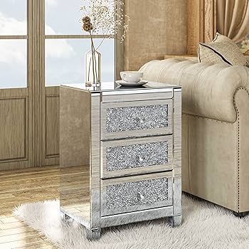 クリスタル付きミラーナイトスタンド BEDSIDE TABLE Amazon.com: Muiity Mirrored Nightstand with Drawer, Glass