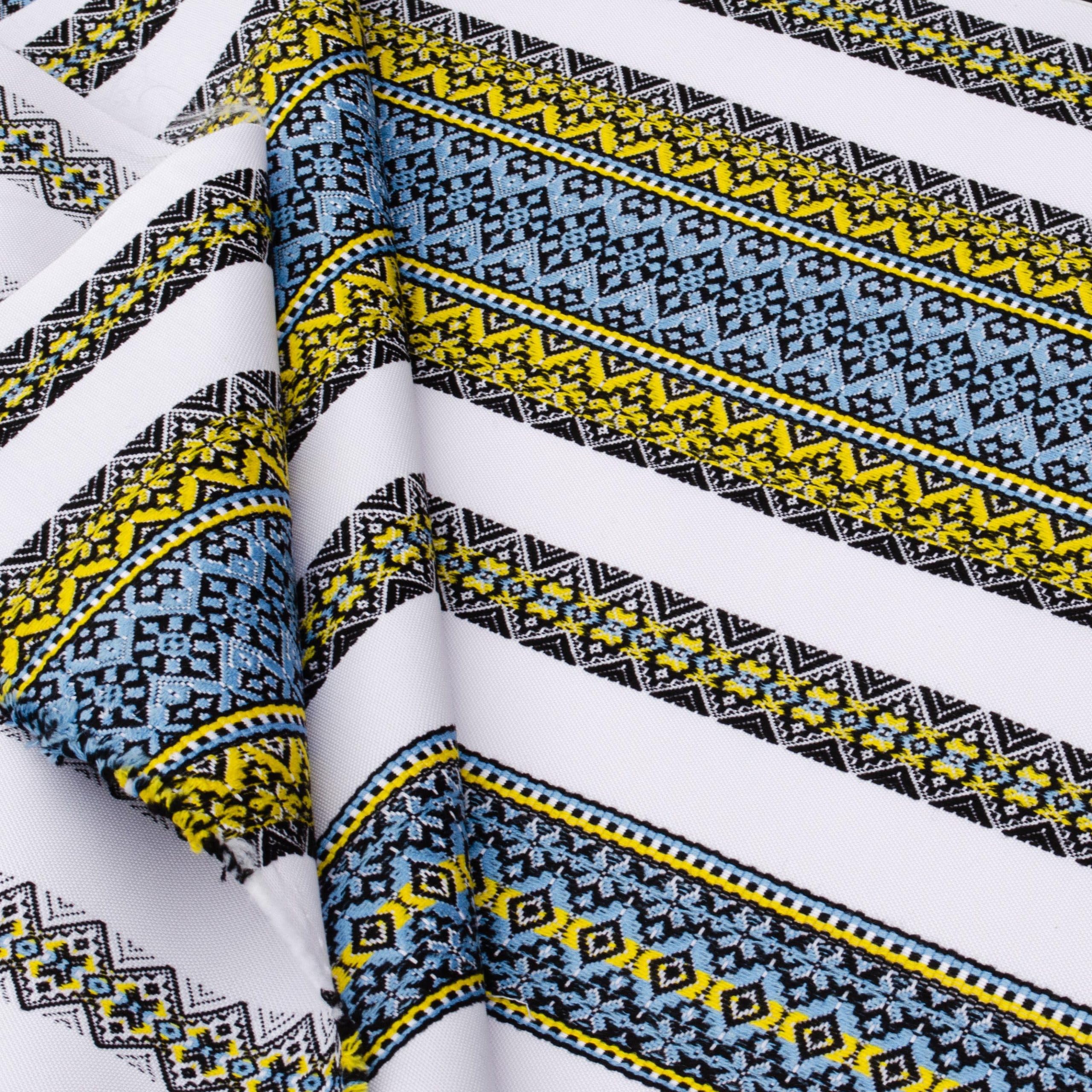 Decorative Fabric with Ukrainian Ornament for Making Tablecloth Easter plahta Ethnic White Blue Yellow 200x150 cm / 79