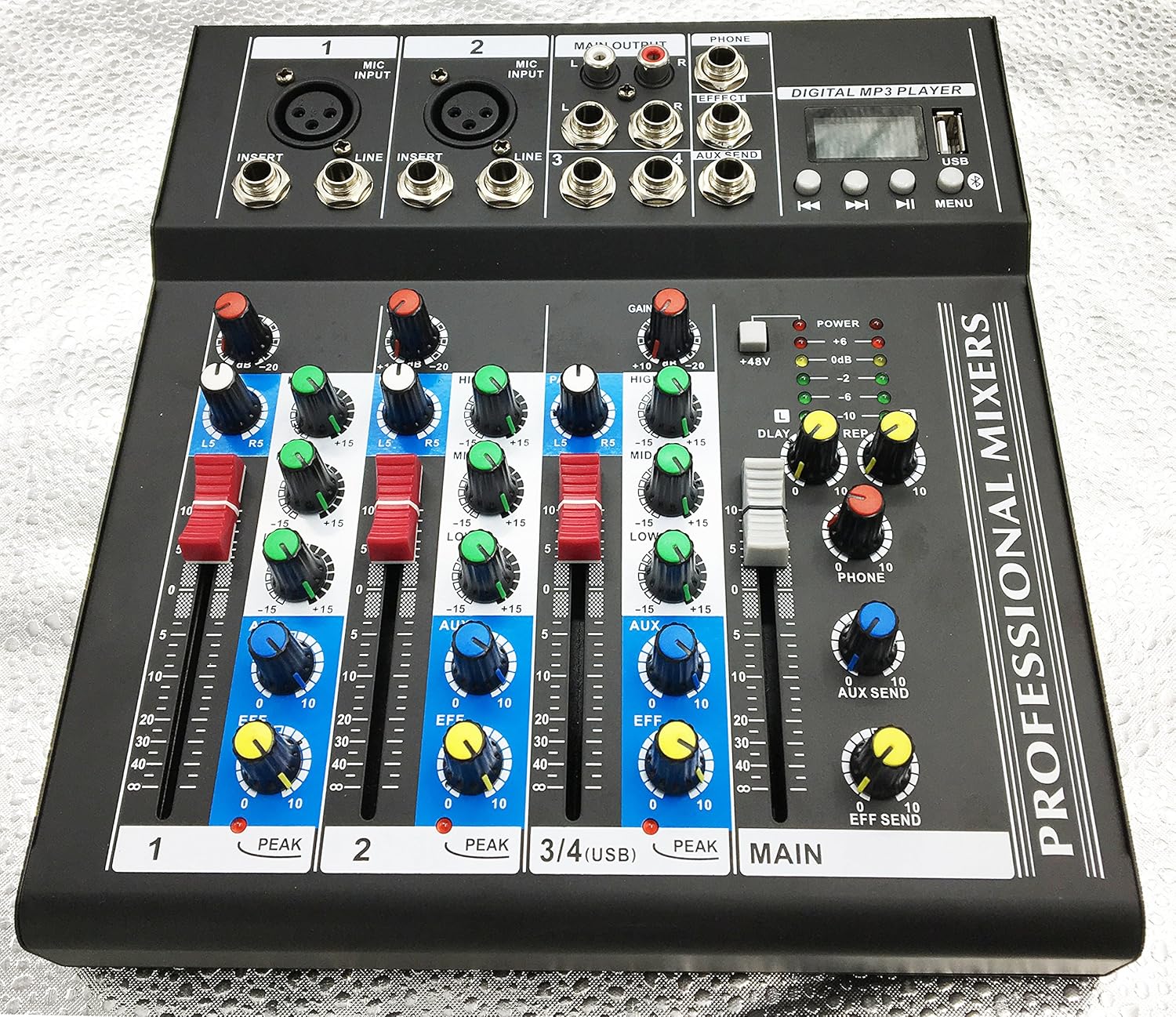 Angled view of the WEYMIC F4-Bluetooth Professional Mixer, highlighting the channel controls.