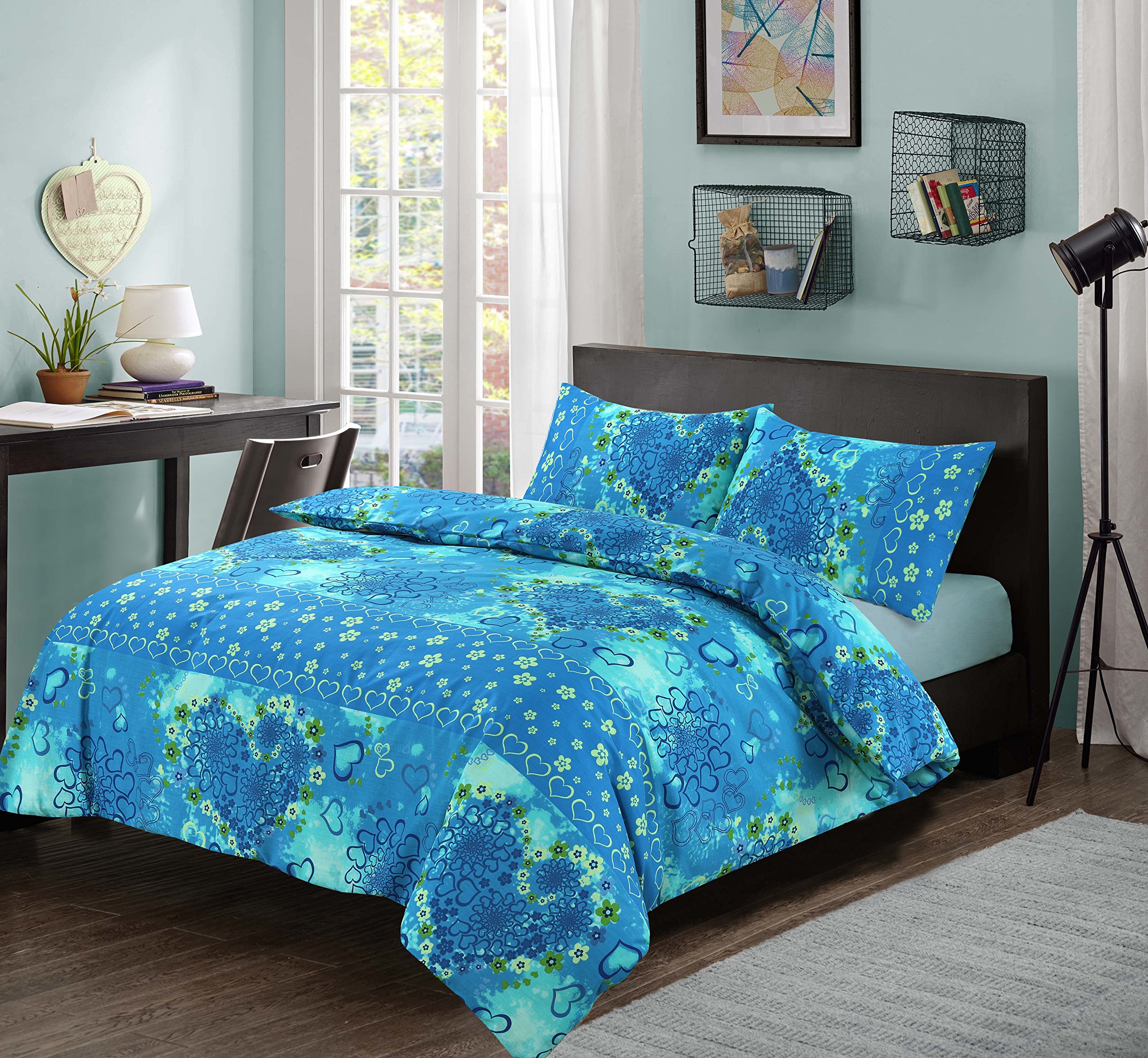 Maria Luxury Bedding & Linen Teal Excellent Hotel Quality King Floral Heart Design Jasmin Duvet Cover Set Bedding Set With Pillowcases - King Size