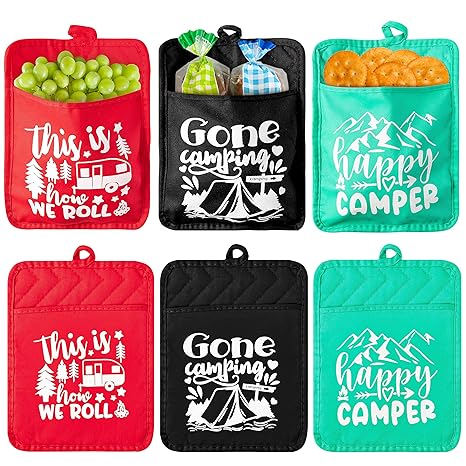 R HORSE 6Pcs Pot Holder with Pocket Camping Funny Potholder Camp Themed Heat Resistant Oven Mitts Machine Washable Hot Pad Cookie Bag Happy Camper Gift Baking Cooking 7 x 9 inch