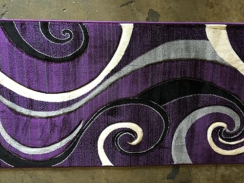 Miniatura 5 de Alfombra moderna larga contemporánea de 400.000 puntos, diseño de remolinos color morado, negro y gris, 344 (32 pulgadas x 10 pies)