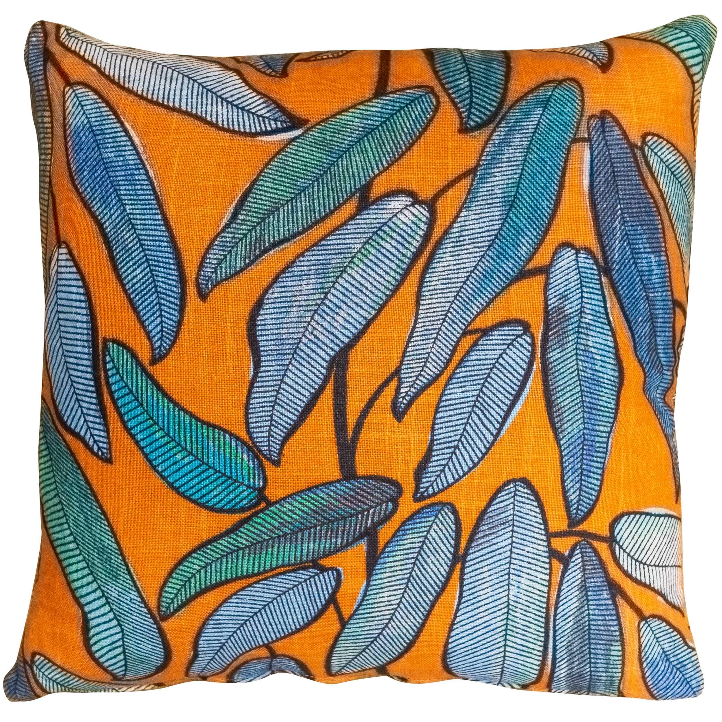 Tropical Jungle Leaves Cushion Cover. Linen Blend, All Natural Fabric. 17x17" Square Cover. Exotic Petrol and Teal Blue, Jade Green and Tango Orange. Cover Only.