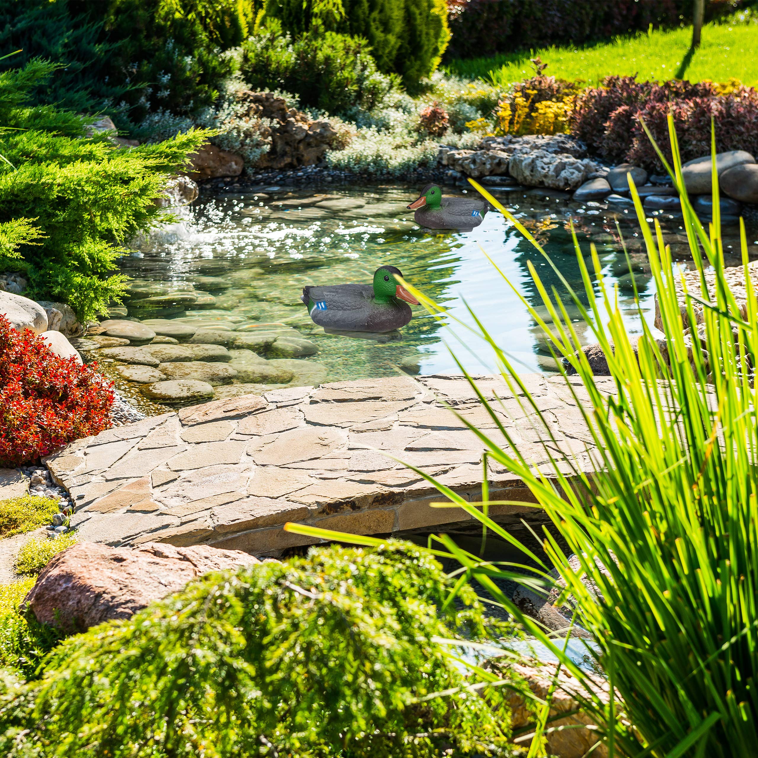 Relaxdays 2 Patos para Estanque, Flotante, Plástico, Impermeable, Adornos de jardín