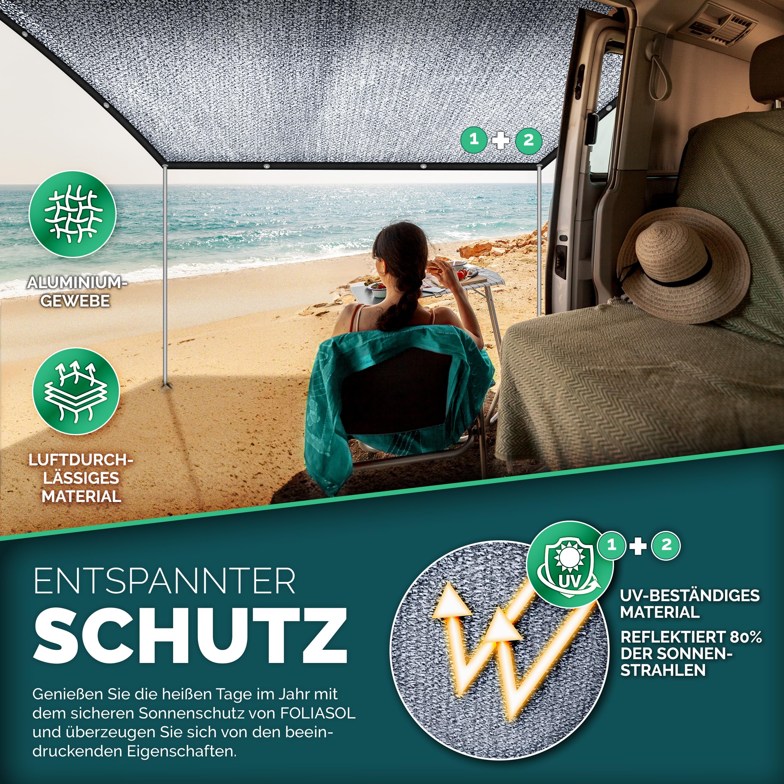 Schattennetz Auto 4x6 m | Alunetz Hund mit Ösen 80% UV | Alu Sonnenschutz für Camping & Urlaub | Sonnenschutznetz mit Befestigung | Hitzeschutz Aluminium luftdurchlässig