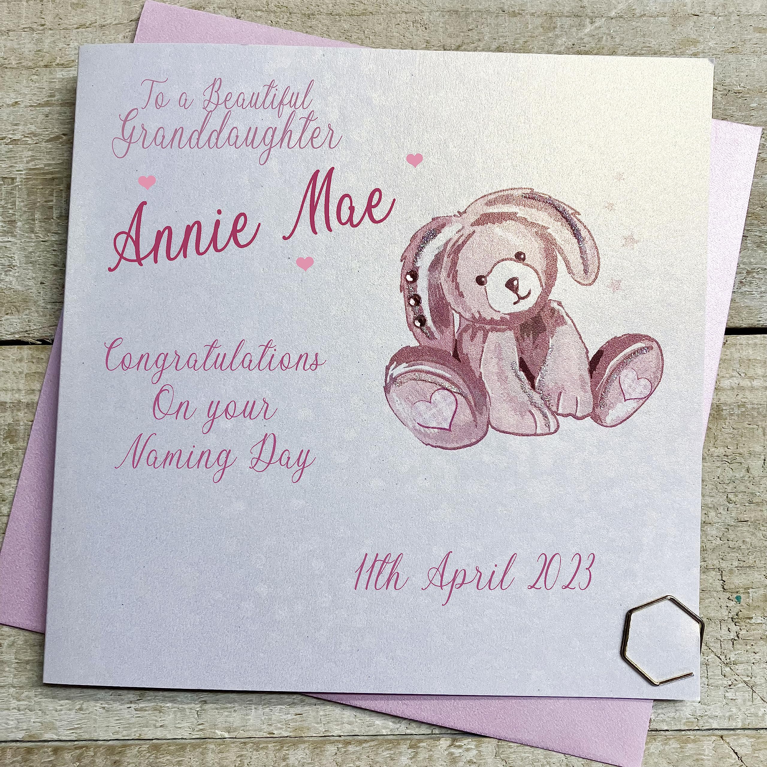 WHITE COTTON CARDS GRANDDAUGHTER PERSONALISED NAMING DAY CARD, PINK BUNNY DESIGN, HAND FINISHED (X) P23-42-GD