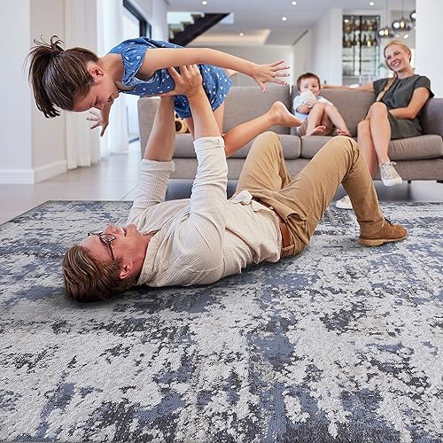 Miniatura 4 de NAAR Colección PAYAS - Alfombra de área elegante y resistente a las manchas de 8 x 10 pulgadas, color grisdenimabstracto, no desprende pelusa, para