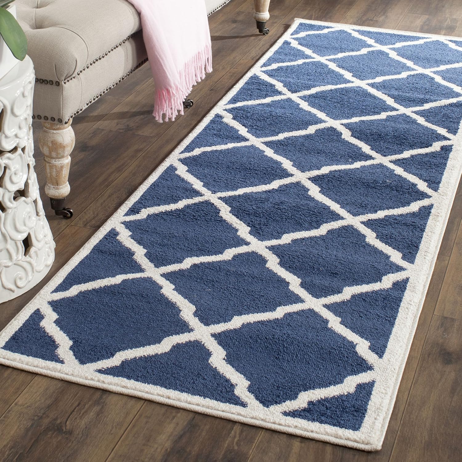 Navy and Beige Geometric Cotton Runner Rug