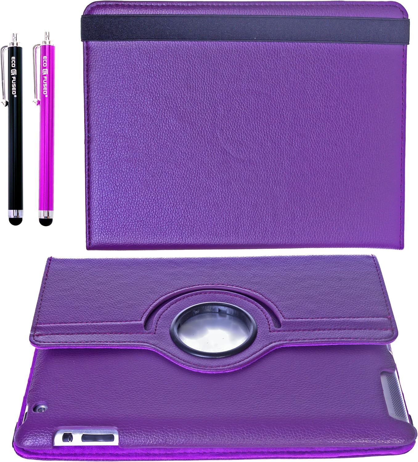 iPad Case Bundle including 1 Rotating PU Leather Smart Case for Apple iPad 4 (Retina Display), iPad 3, iPad 2 (Wifi or Cellular, 16GB or 32GB or 64GB) / 2 Stylus Pens / 2 Screen Protectors / 1 ECO-FUSED Microfiber Cleaning Cloth Included (Purple)