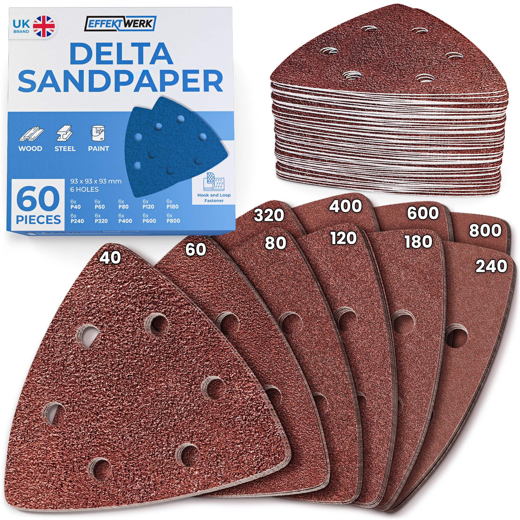 Delta Sandpapers (60 Pack, 6 Holes), 93mm Triangular Sanding Pads for Mouse Sanders, Self-Adhesive w/Hook & Loop Closure, Fine & Coarse Sanding w/ 40, 60, 80, 120, 180, 240 Grits