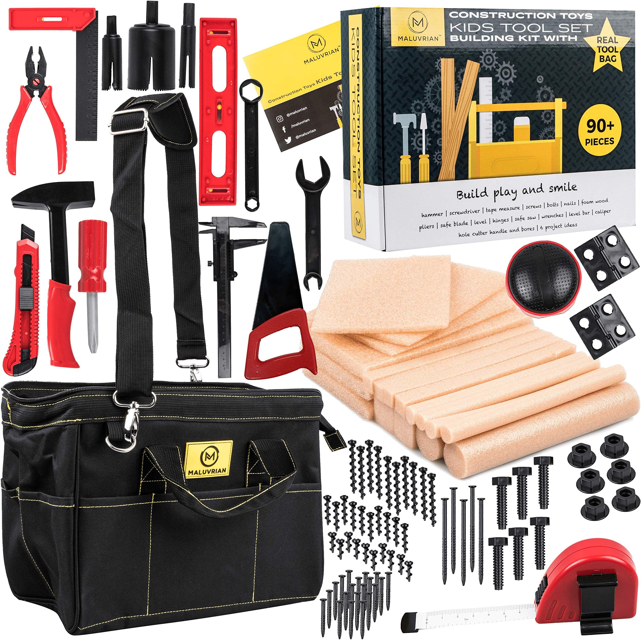 Educational Toys Building Toys - Plastic Tools - Kid Toys STEM Toys for Boys and Girls - Real Tool Bag Construction Toys Arts and Crafts Foam Wood Pretend Play Creative Toys Kids Tool Set