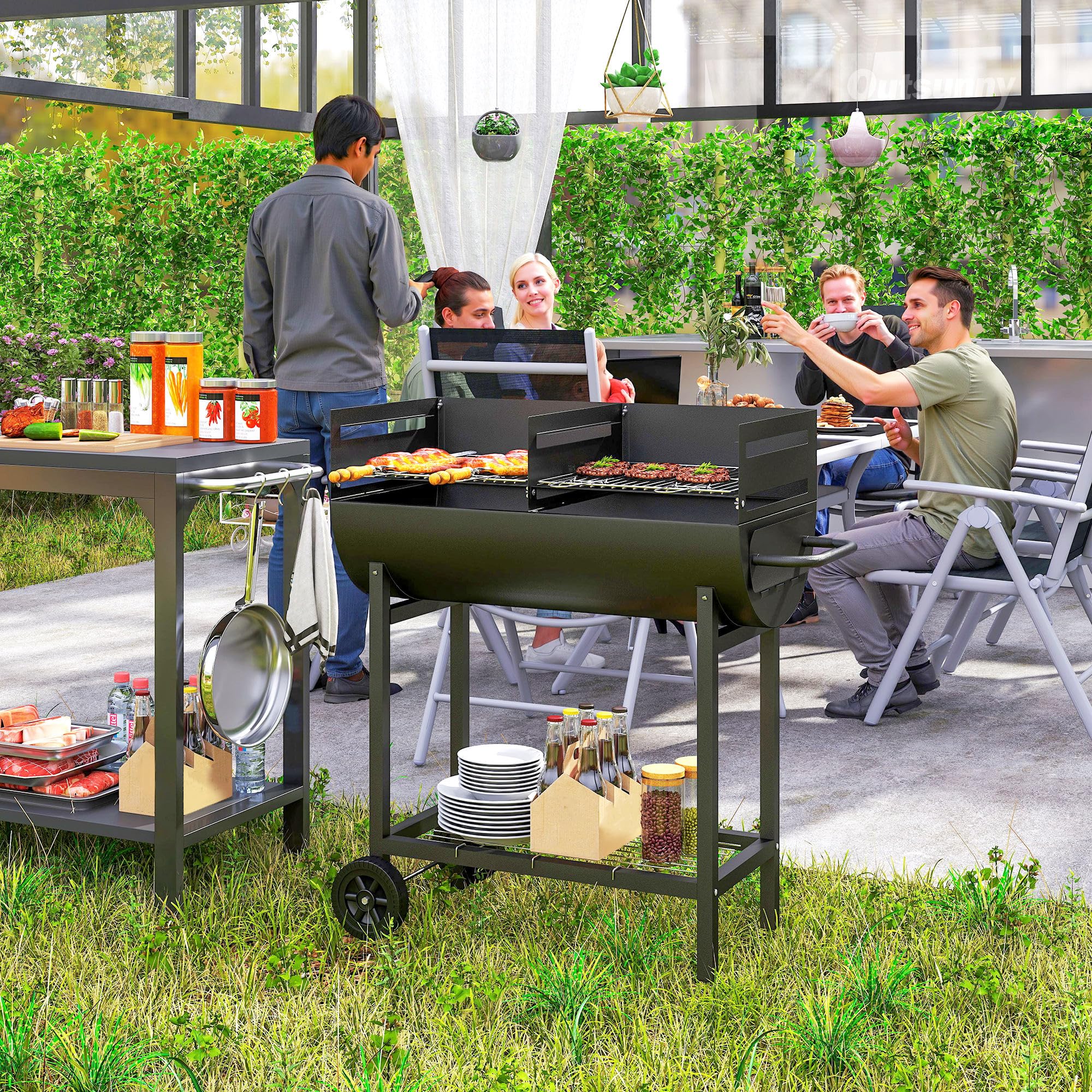 Barbecue en acier Outsunny avec 2 grilles indépendantes, 2 roues et tablette inférieure | Noir | 90cm x 45cm x 96cm