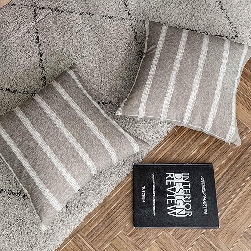 Vista 5 de Home Brilliant Large Stripe Decorative Pillow Covers Euro Shams Cover for Living Room, 24x24 inches(60x60 cm) Set of 2, Tan