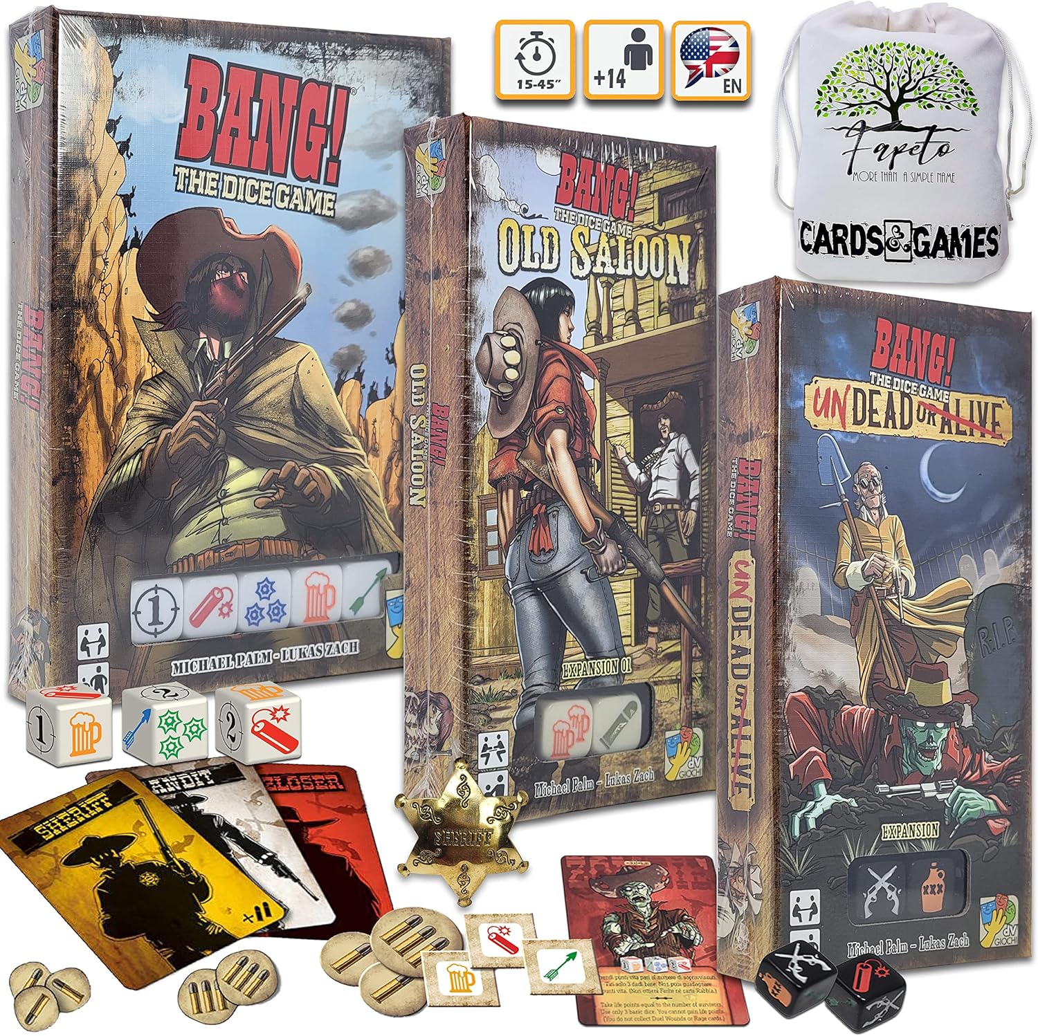 Drawstring Bag and Old Style Sheriff Badge Bundle with Bang (The Dice Game) and EXPANSIONS: Old Saloon & Undead or Alive, 14+