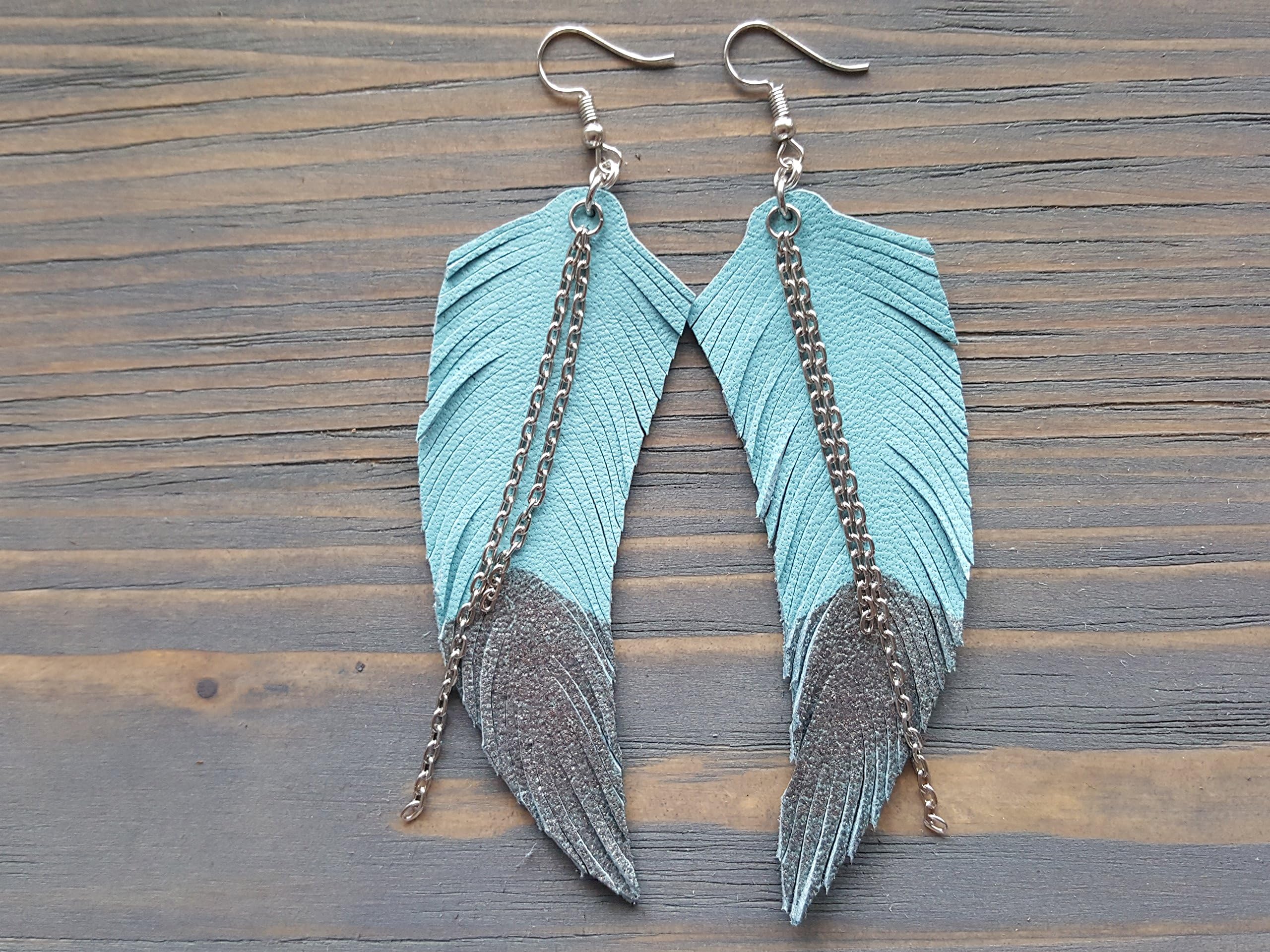 Lightweight Large Earrings. Leather Feather Earrings. Bohemian Leather Earrings. Long Boho Earrings. Dipped Feather Earrings. Boho Jewelry.