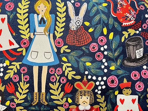 Wonderland - Rifle Paper Co- Alicia en el país de las maravillas - Lienzo de lino de algodón azul marino - Tela dorada metálica - AB8025-012 12