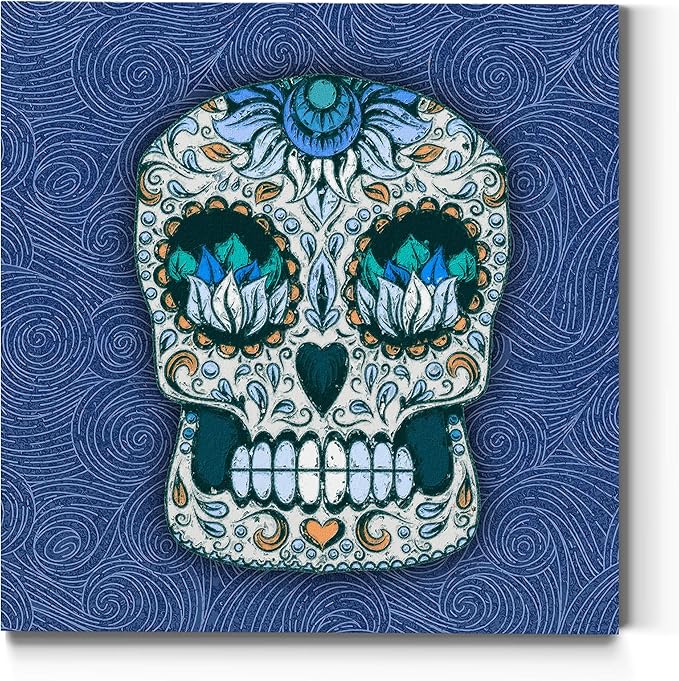 Renditions Gallery Sugar Skull Wall Art, Blue, Heart, Vibrant Colors, Mexican Artwork, Day of The Dead, Premium Gallery Wrapped Canvas Decor, Ready to Hang, 32 in H x 32 in W, Made in America Print