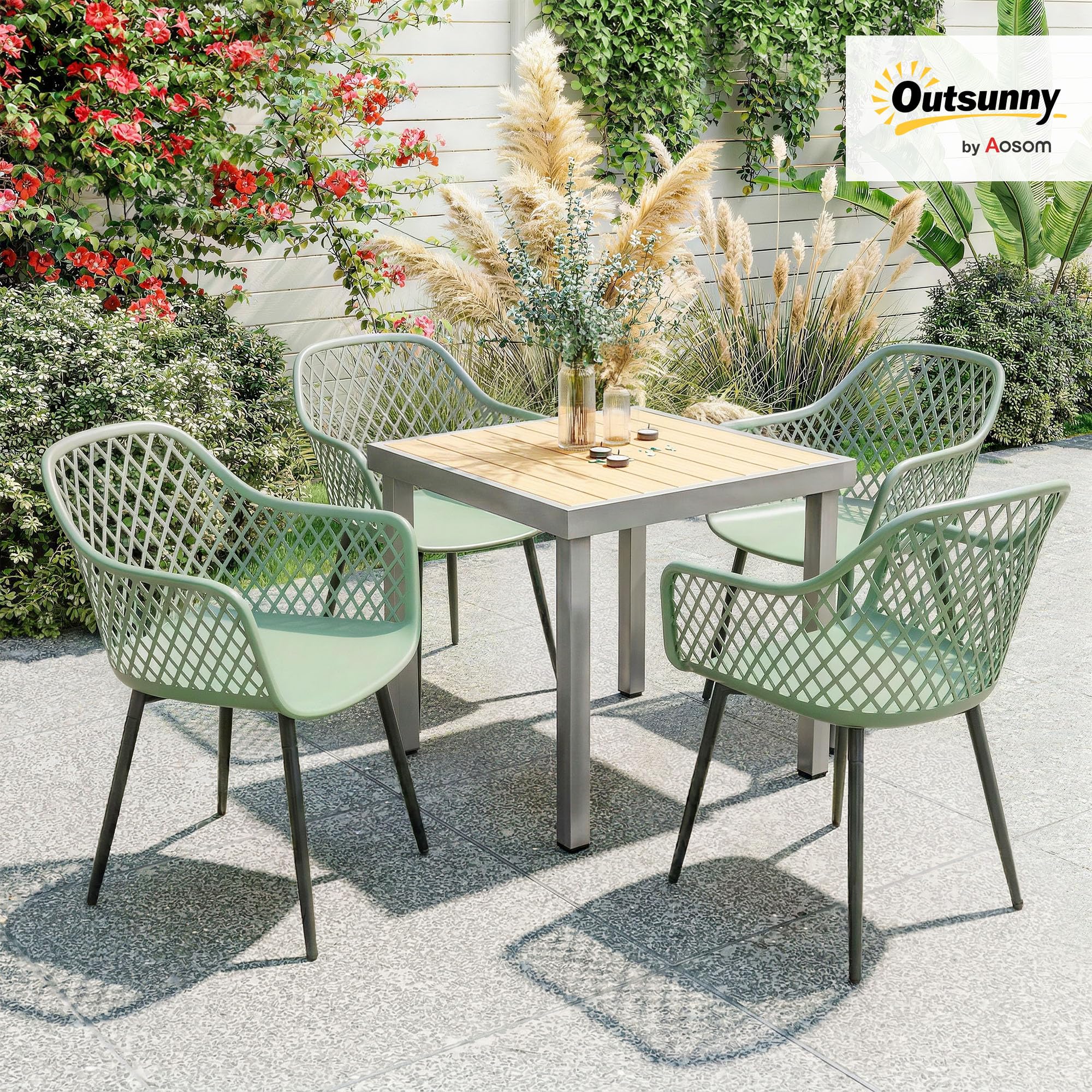 Outsunny Set 4 Sedie da Giardino Anti UV con Braccioli 56x51x84 cm Verde | Polipropilene, Sedie per Pranzo da Esterno, Schienale Diamantato, Gambe in Metallo, per Patio Balcone Terrazza Esterno