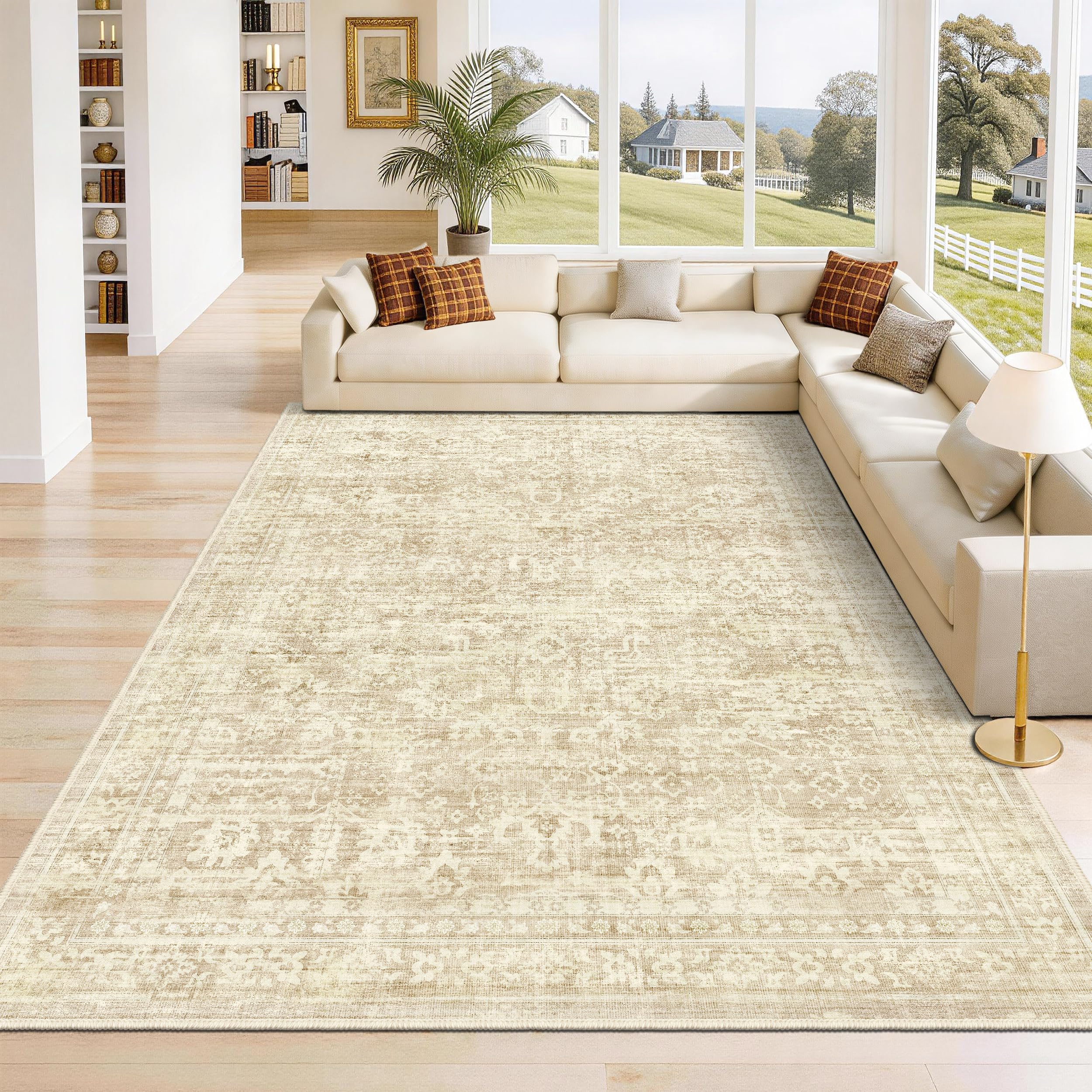 Beige 8x10 Living Room Rug, Non Slip Neutral Area Rugs for Bedroom, Nursery