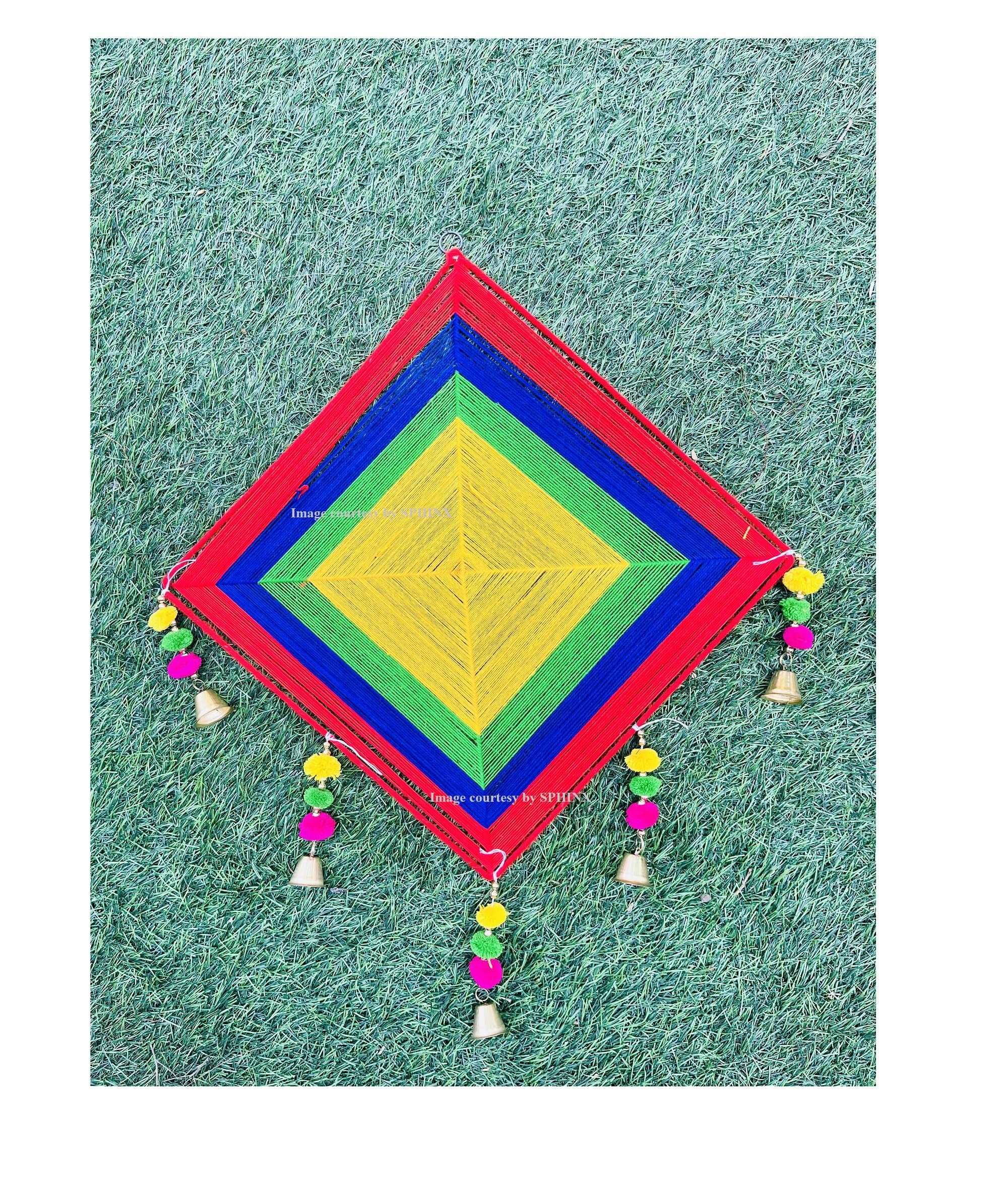 SPHINX Woolen Colorful Decorative Kites, Pom pom Dream catchers, pom pom round wall hangings for backdrops Festive Pooja Wedding Housewarming Diwali Decorations – (Large Decorative Kites, 5 Pieces)