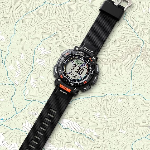 Casio PRG340 Series | Pro Trek | 100 Meter Water Resistant | Compass | Alt/Baro-Thermo | Tough Solar Powered | 1-100 SEC Stopwatch | Countdown Timer | World Time, Black, PRG-340-1CR
