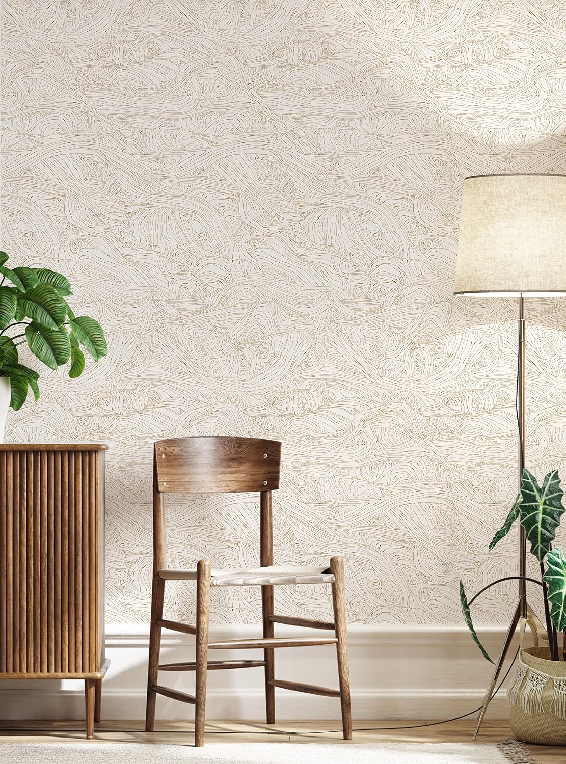 Simple Shapes Wood Grain Waves Peel and Stick Wallpaper (6 Sheet Set - 2x9 Feet, Gold)