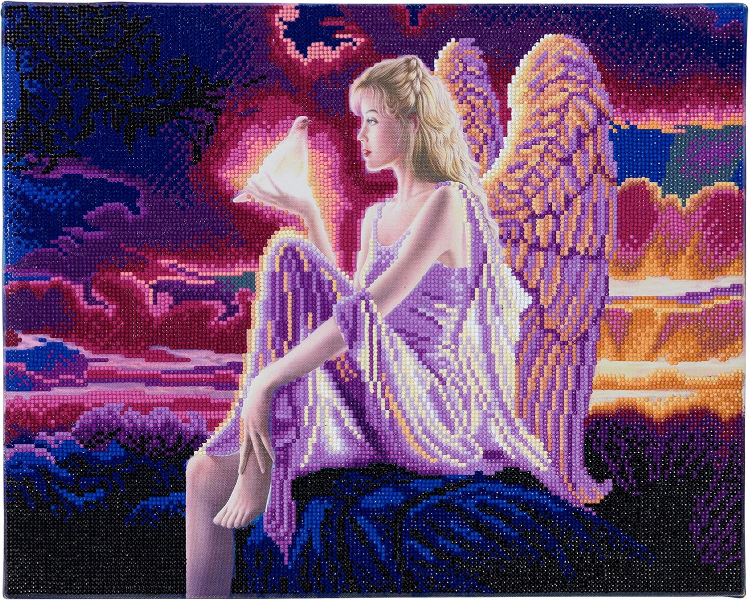 Light-Up LED Angel Dusk Crystal Art Pre-Framed D.I.Y. Round 5D Diamond Painting Craft Kit On Stretched Canvas Wood Frame, Large 40x50 cm (16x20 in.)