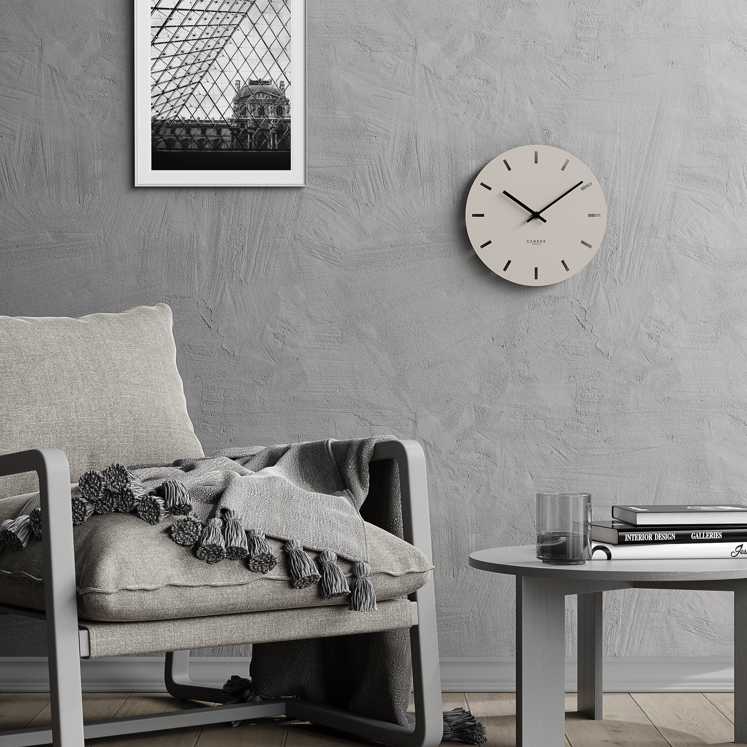 Cander Berlin MNU 2630 Y wandklok geruisloos zonder tikken 30 cm analoog woonkamer modern vintage grijs zwart houten wijzer