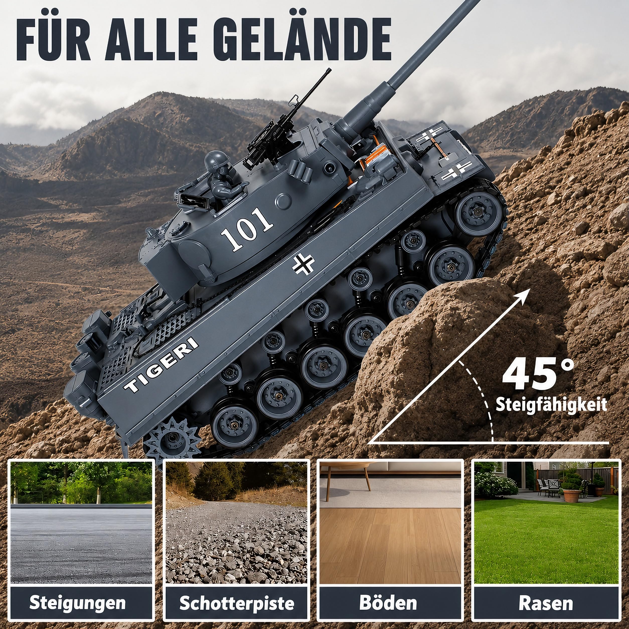 RC Panzer Ferngesteuert Tiger I 1:18 WW2 Modell mit Rauch, Licht und Sound | 2.4GHz Steuerung mit BB-Schussfunktion, Licht & Sound, Militärmodell als Geschenk für Kinder und Erwachsene