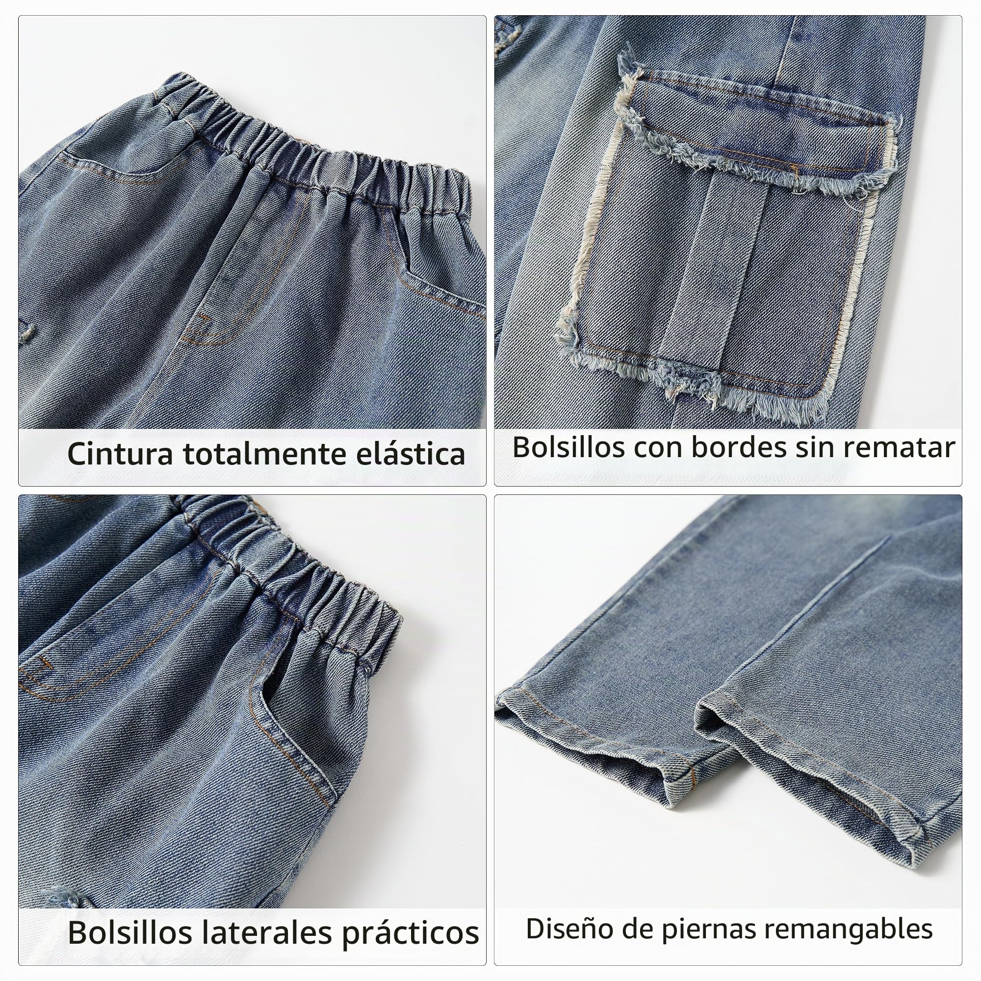 Rolanko Pantalones Vaqueros Rasgados con Cintura Elástica para Niños, Pantalones de Mezclilla Retro con Diseño de Pierna Cónica con Bolsillos para Niños