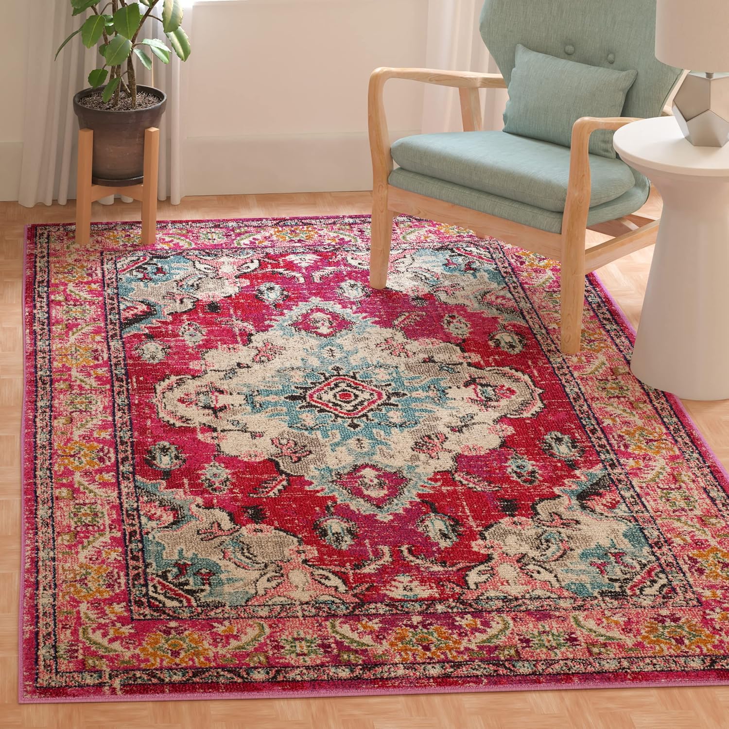 SAFAVIEH Monaco Collection Area Rug - 8' x 10', Pink & Multi, Non-Shedding & Easy to Clean, Distressed Medallion Design, Ideal for Living Room, Bedroom, Dining Space (MNC243D)
