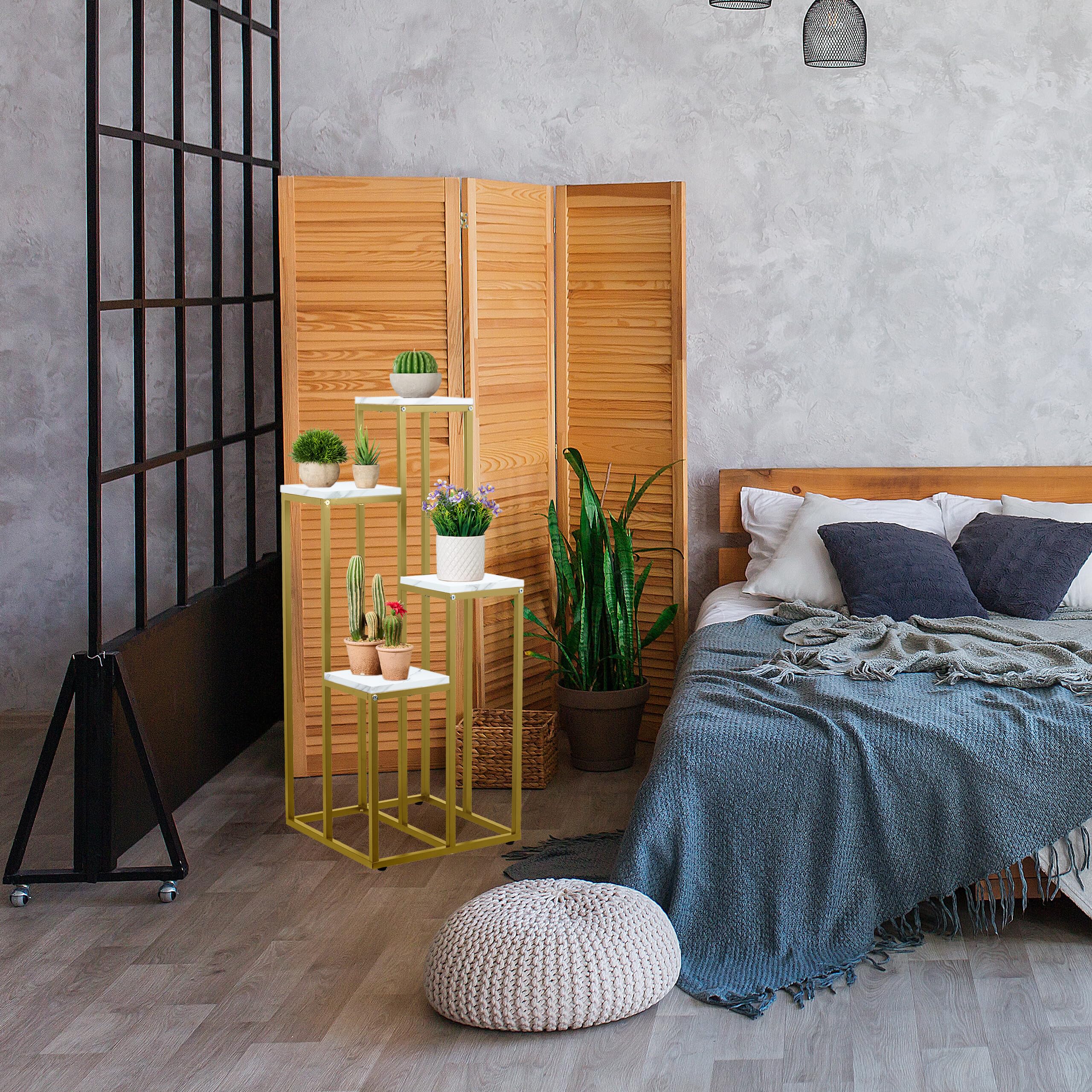 Relaxdays Stojak na kwiaty, 4 półki, wys. x szer. x gł.: 100 x 40 x 40 cm, zajmuje mało miejsca, stal i płyta MDF, designerska półka na kwiaty, złoty/biały