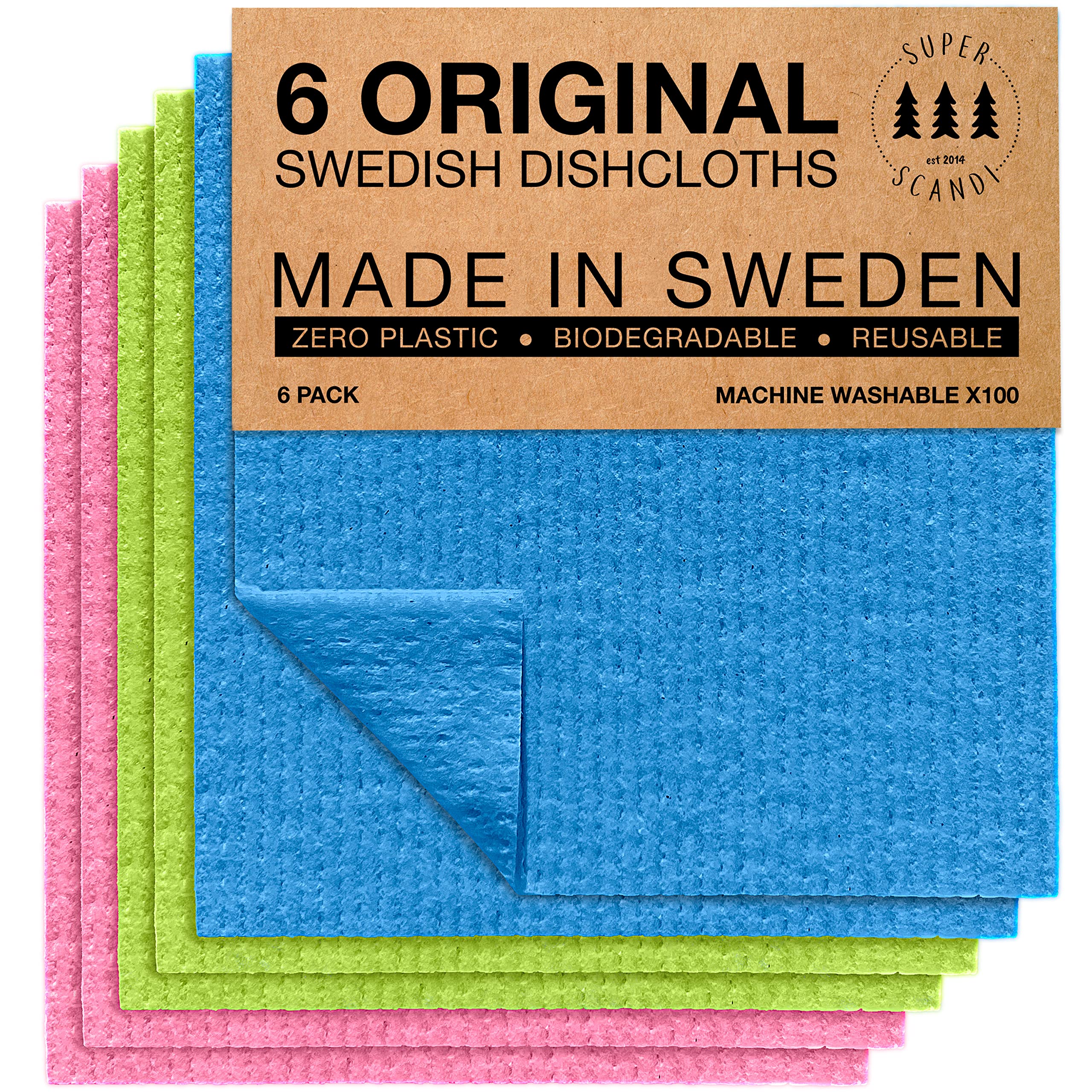 SUPERSCANDI 6 Pack Swedish Dishcloths for Kitchen - 100% Biodegradable & Compostable Reusable Paper Towels Washable, Food-Safe & Without Plastic - Dish Rags for Any Surface, Pink, Green, Blue