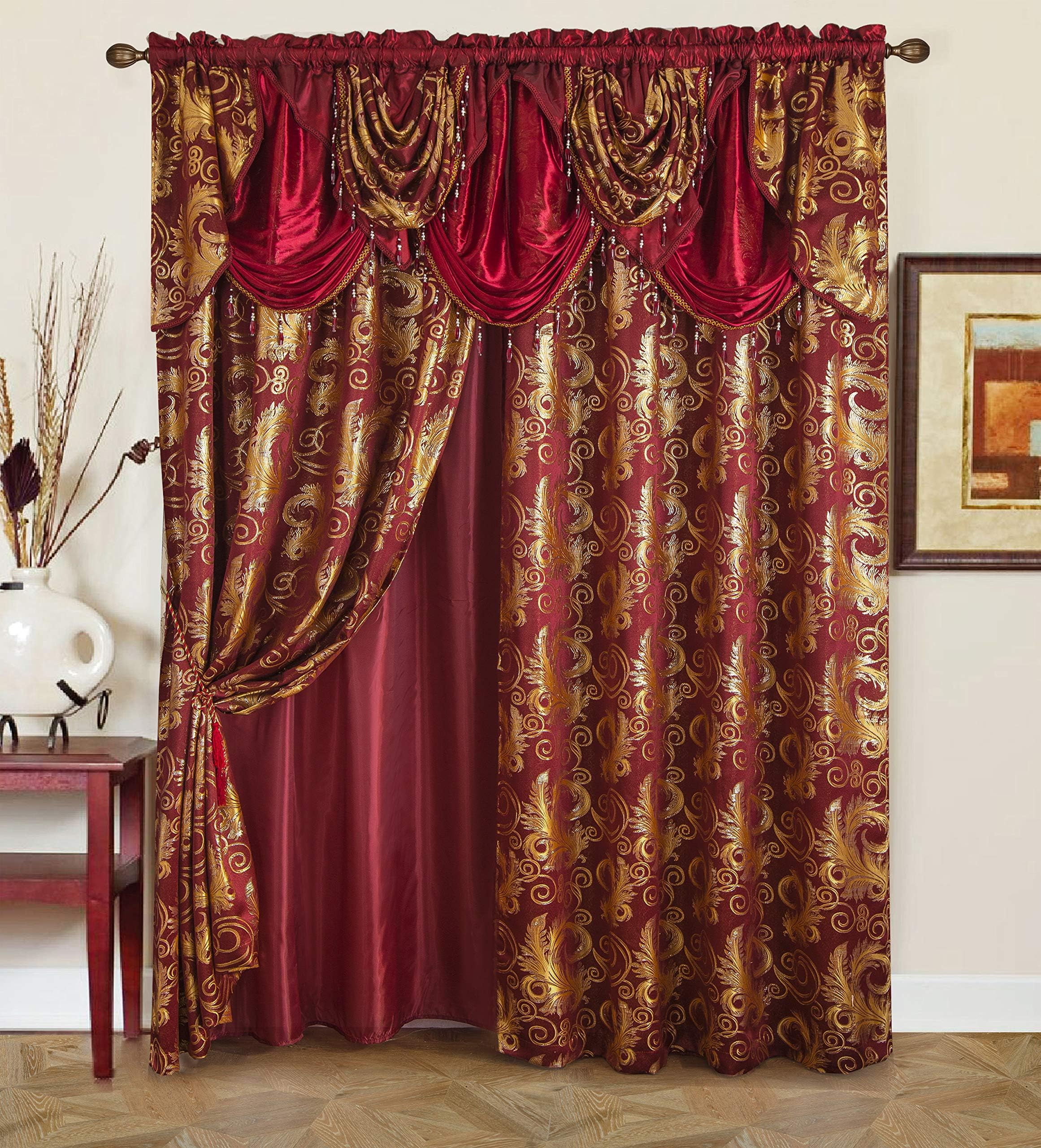 Jacquard Luxury Window 2 Panel Set Burgundy Gold Curtain with Attached Valance and Backing Bedroom Living Room Dining 2 Curtains 55x84 inches Each Jana