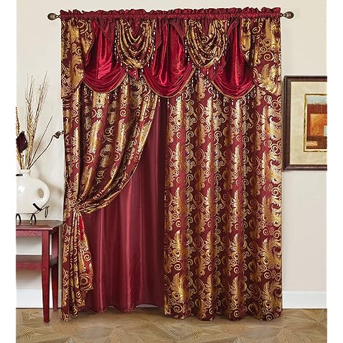 GLORY RUGS Jacquard Luxury Window 1 Panel Set Burgundy Curtain with Attached Valance and Backing Bedroom Living Room Dining Curtains 110x84 inches Each Jana