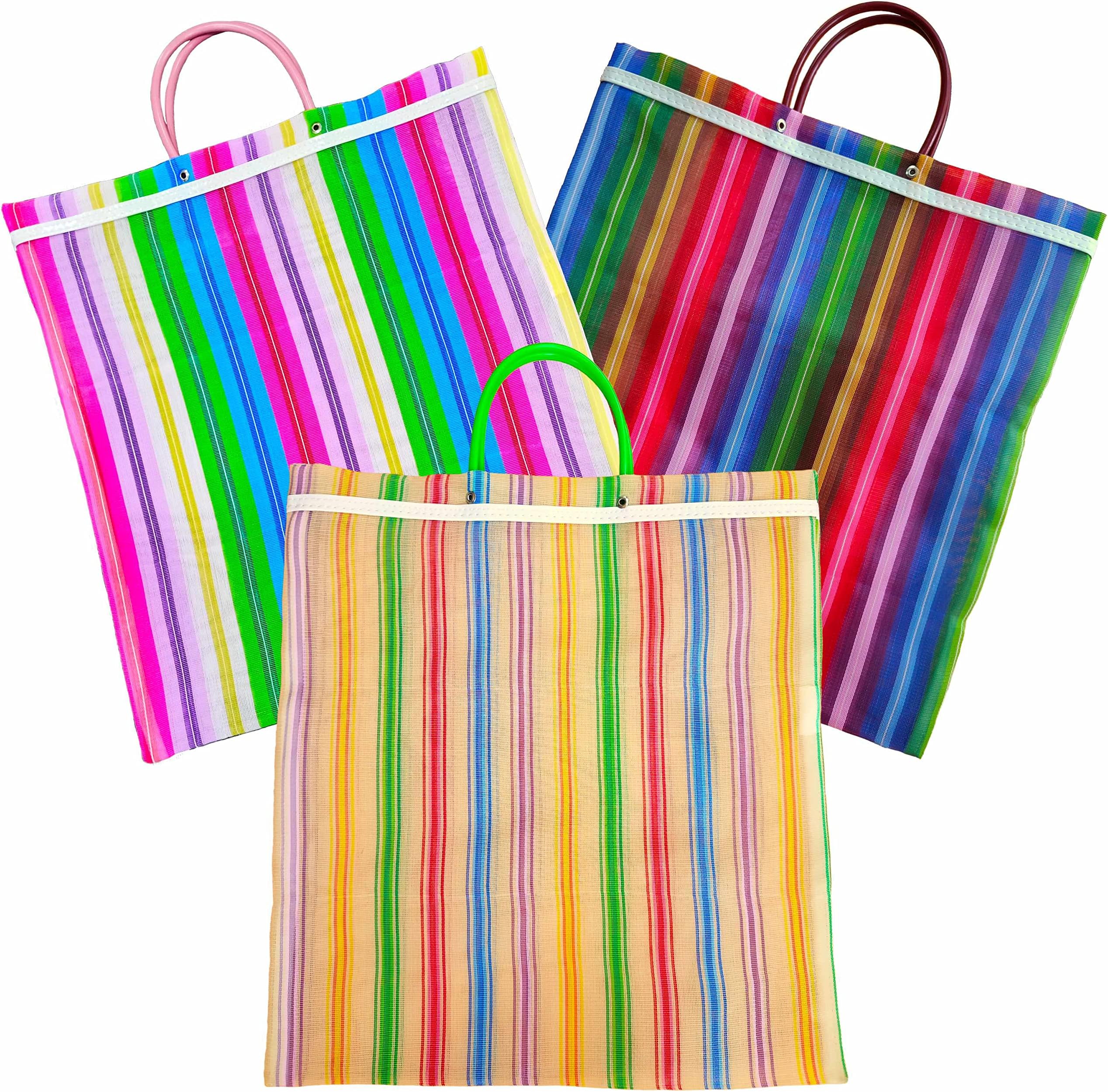 MEXICANDOOPack Set of 3 Large Mexican Mercado Tote Bags (Bolsas de Mercado/Bolsa Mandado) Mexican Market Bag in Assorted Colors Ecofriendly Reusable Grocery Shopping Bags, Colorful Net Mesh Market Bags