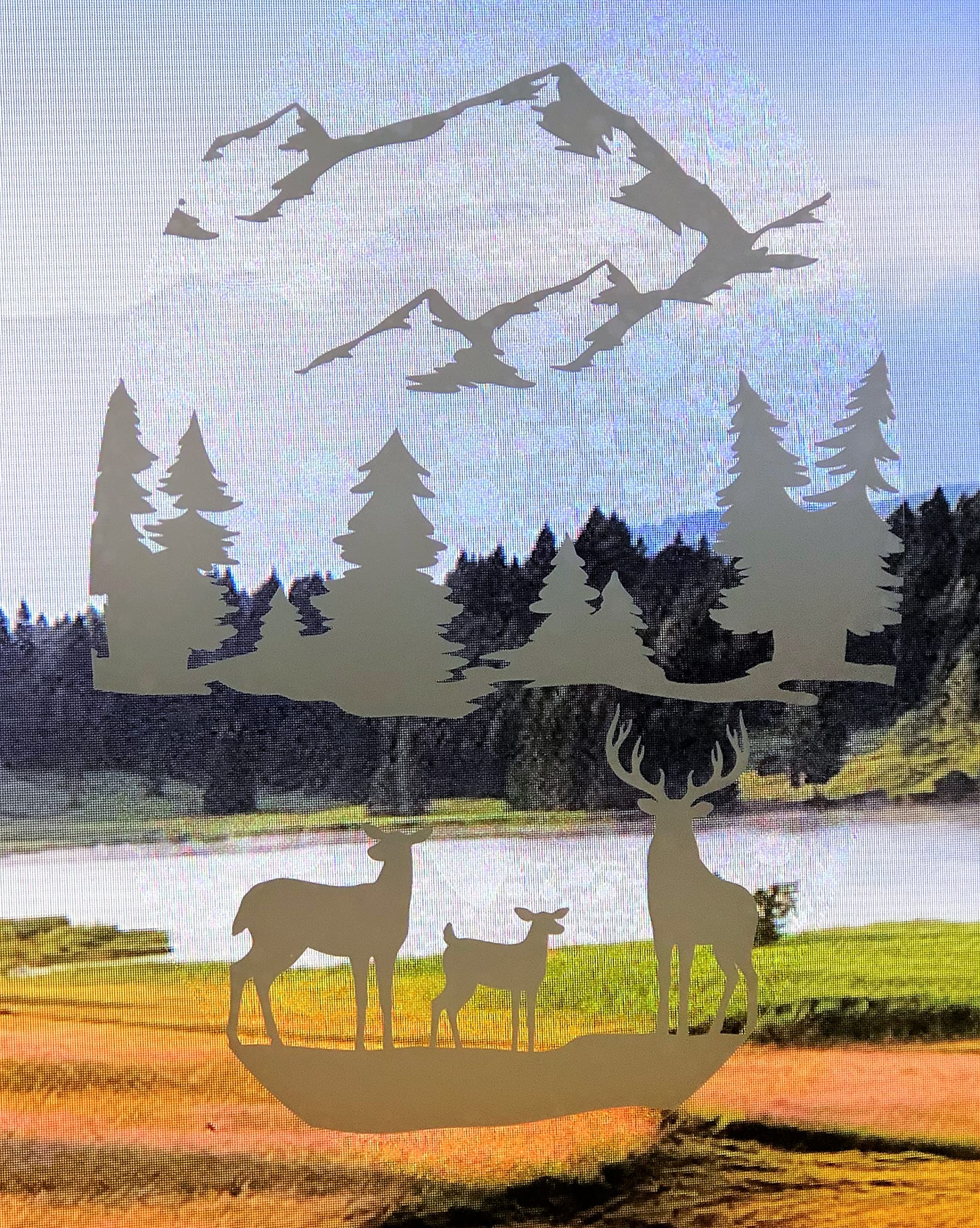DCentral Deer Family - Decorative Window Vinyl “Etched” Glass Cling Decal – 8” x 12”. Objects are Opaque – Background is Clear