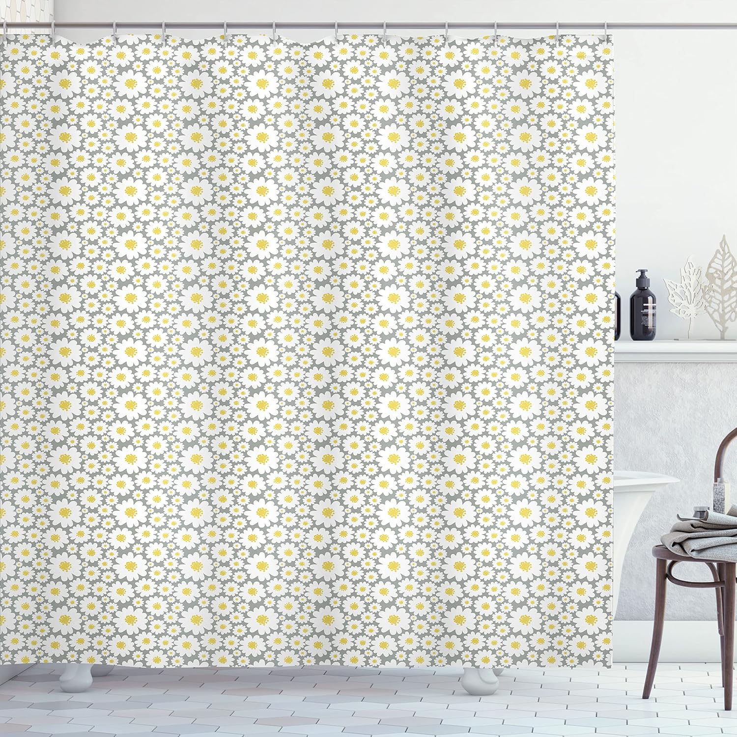 Lunarable Grey and Yellow Shower Curtain, Spring Daisies