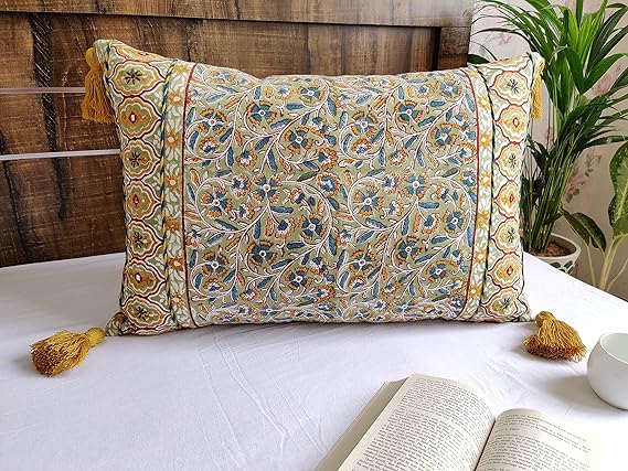 ABSTRACT INDIA Cushion Covers, Decorative Cushion Covers, Home Decor Cushions, Jaipuri Block Printed Cushion Cover Hand Embroidered for Sofa and Living Room, 16 x 24 inches - 1 Pc