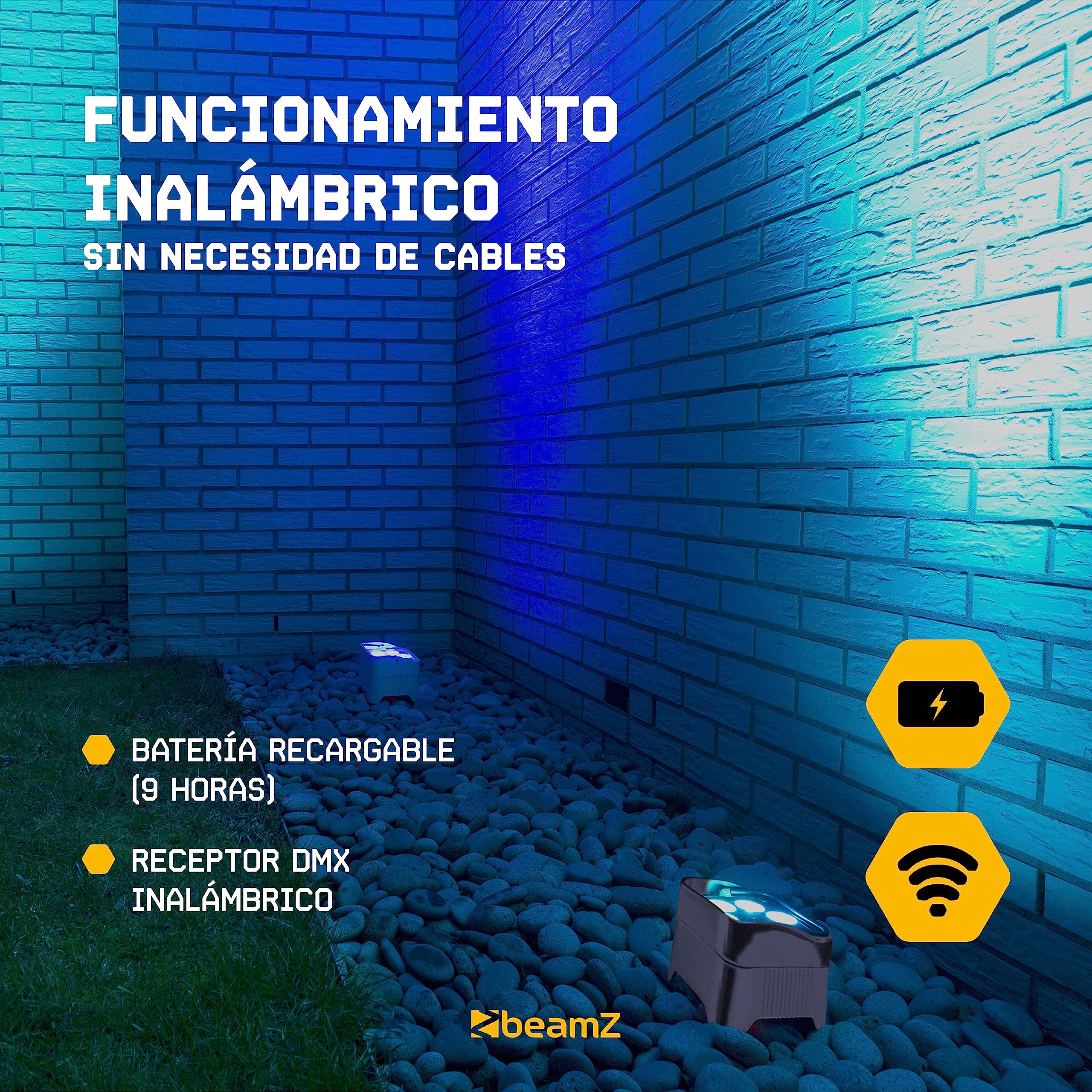 BeamZ BBP96SC – Pack de 2 foco bateria 6 x 12W RGBAW-UV con WDMX inalámbrico y luz led recargable ideal para focos led interior, eventos, luces fiesta y luz de discoteca para fiesta, color cromado