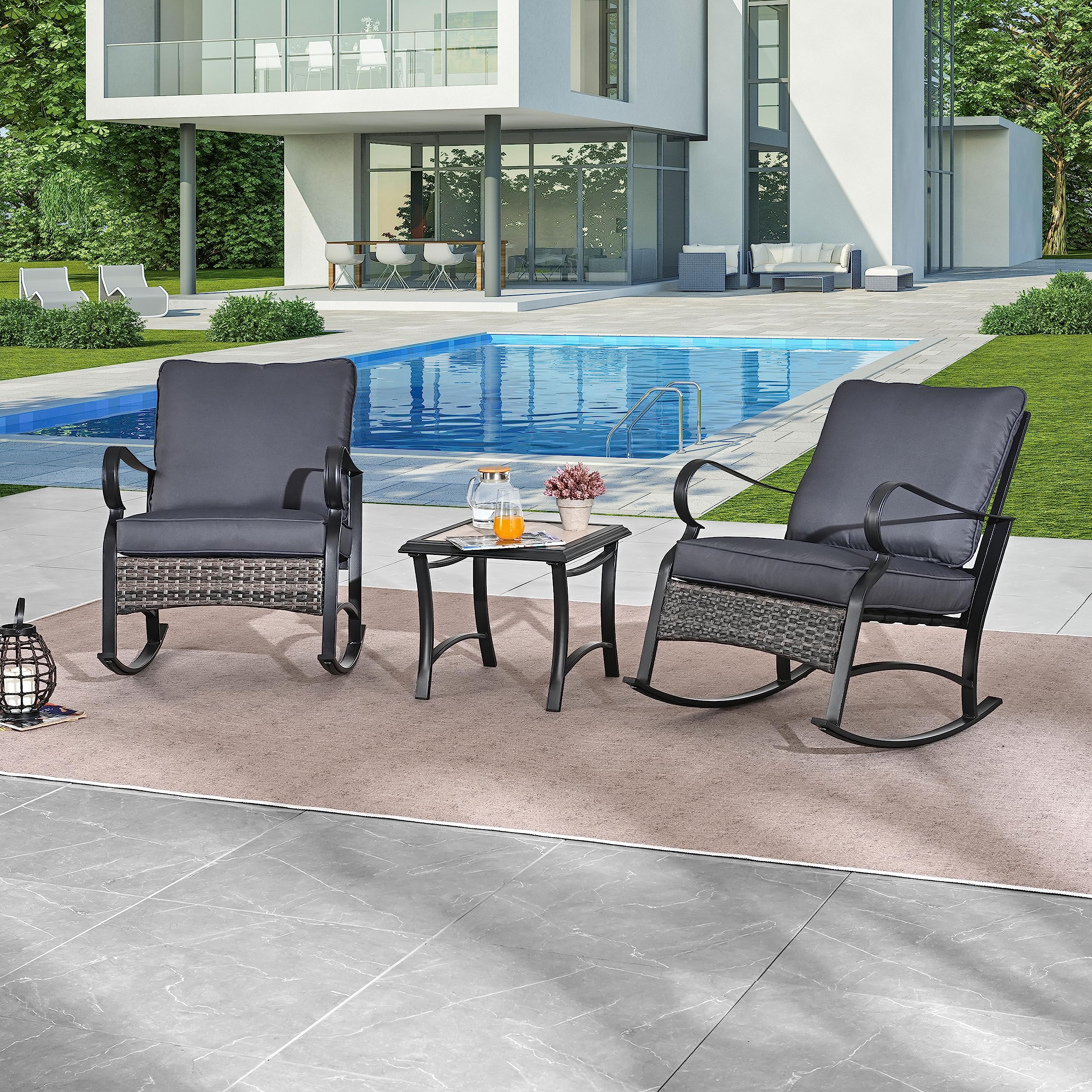 Festival Depot PE Wicker Rocking Chair Set, Patio Bistro Set, 3 Pieces Outdoor Furniture, Conversation Sofa Set of 2 Armchairs & Coffee Table with Removable Cushion All Weather Casual Craft Cozy Small