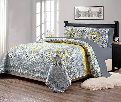 Miniatura 6 de Linen Plus Colcha acolchada de tamaño King de 7 piezas con juego de sábanas, medallón floral, amarillo, costero, lisogris