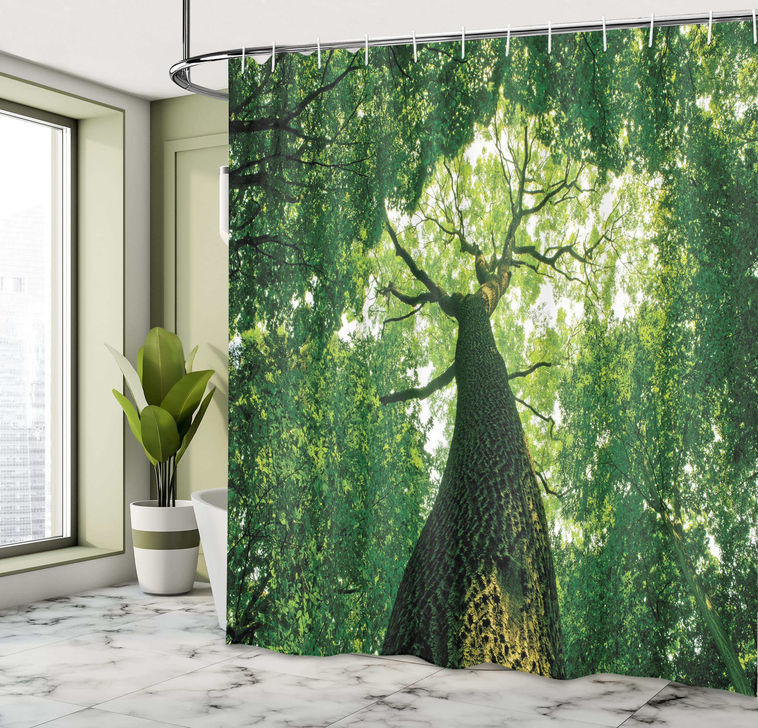 ABAKUHAUS Forest Shower Curtain, Tall Old Tree View Sun Rays Top Branches Leaves Nature Picture - Image 4
