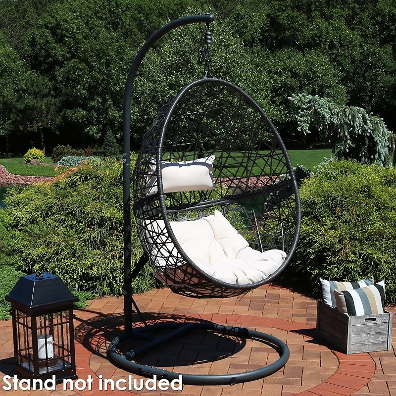 Sunnydaze Caroline Hanging Resin Wicker Egg Chair - 265-Pound Weight Capacity - Removable Beige Polyester Cushions image 2