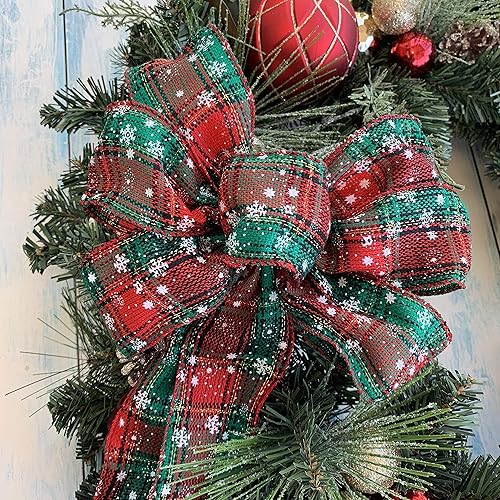 Miniatura 3 de Arco de corona de Navidad a cuadros de copo de nieve, 10 pulgadas de ancho, lazo preatado de 18 pulgadas de largo, decoración de puerta, canasta de