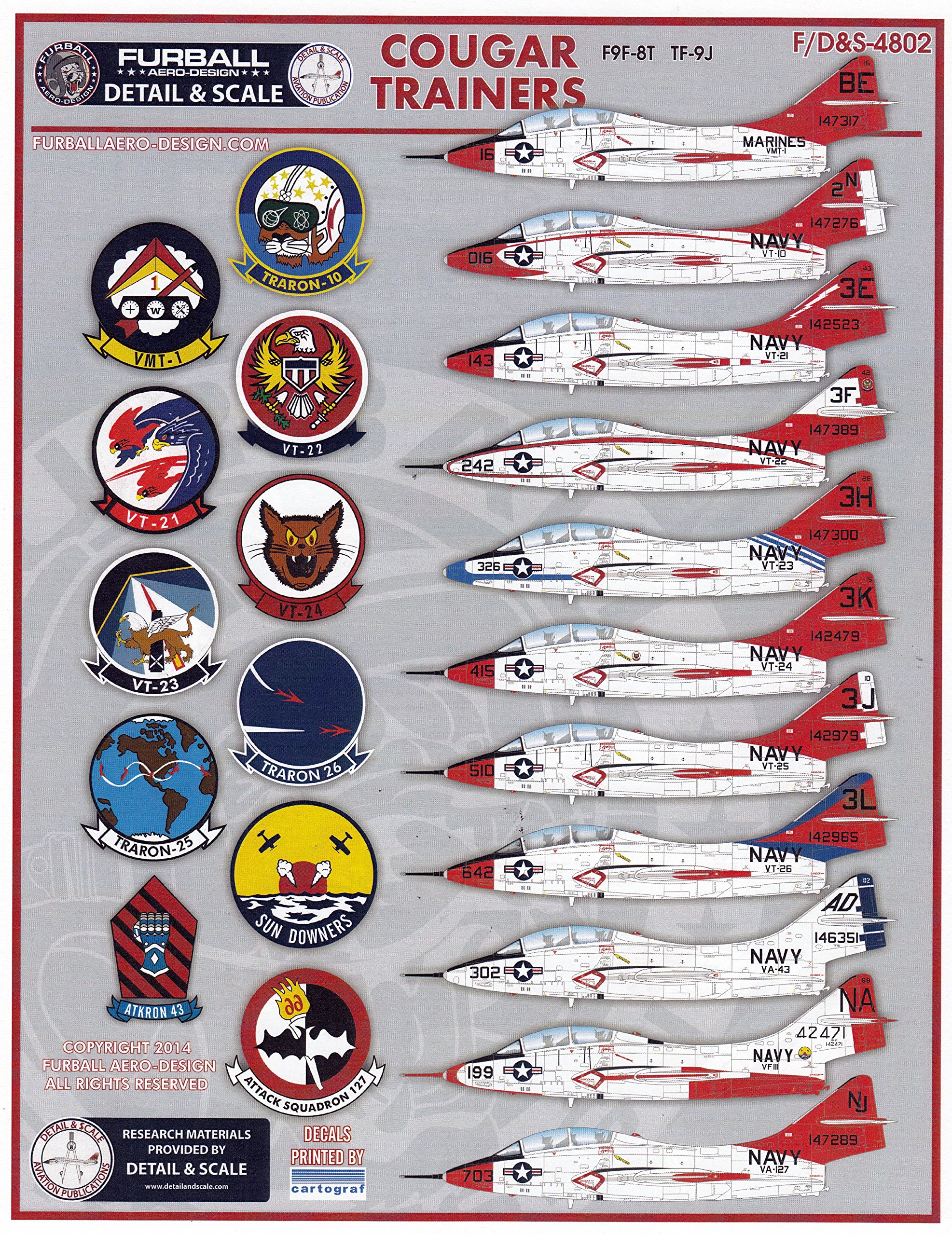 FURDS4802 1:48 Furball Aero Design F9F-8T TF-9J Cougar Trainers [WATERSLIDE DECAL SHEET]