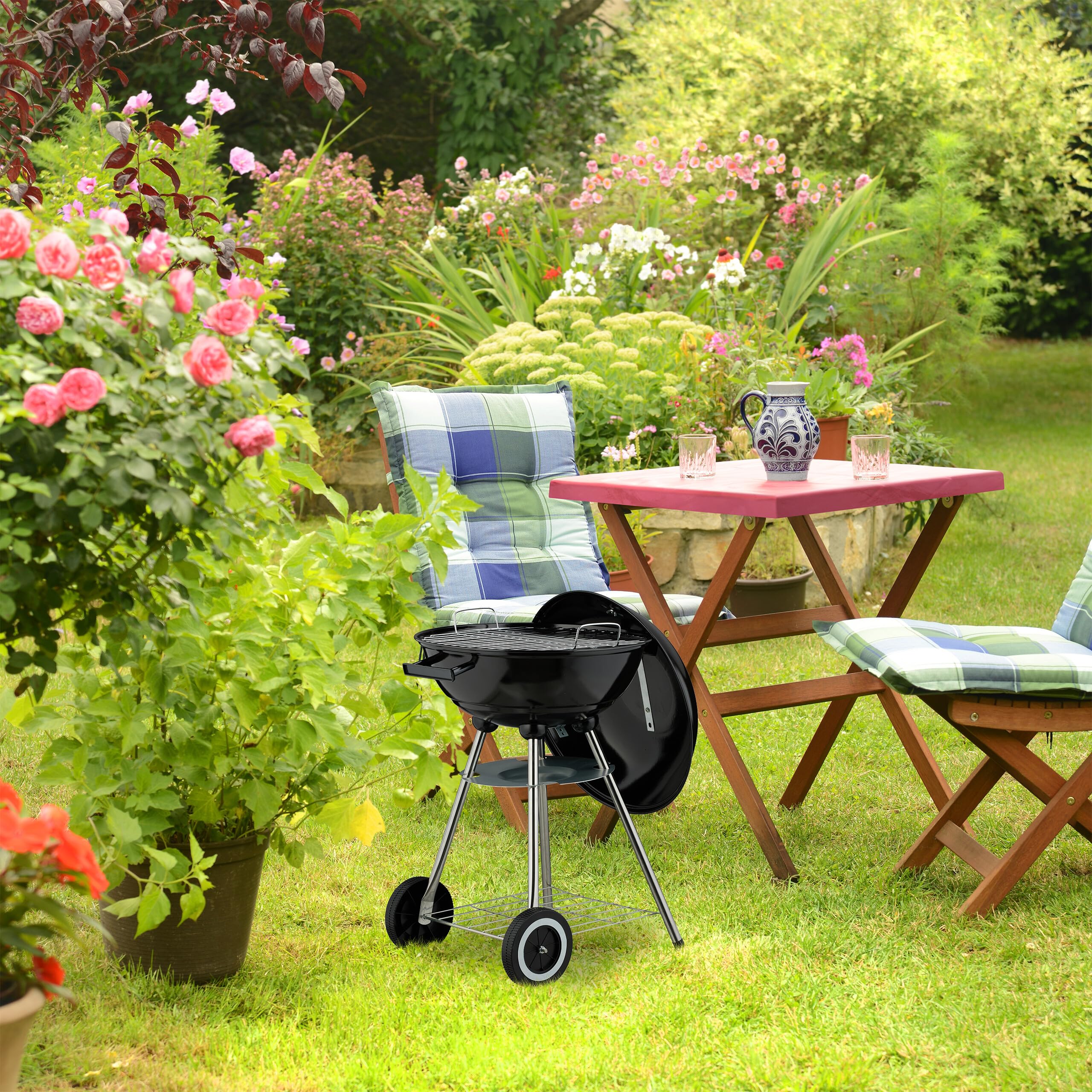 Relaxdays Barbacoa Carbón, 44 cm Ø, Parrilla con Recogedor de Cenizas, Asador Carne, Verdura, con Ruedas, BBQ, Negro