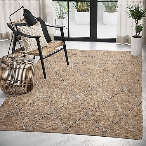 Abani Alfombra de yute natural de alta calidad, diseño de enrejado bohemio, alfombra de sala de estar de 6 x 9 pies