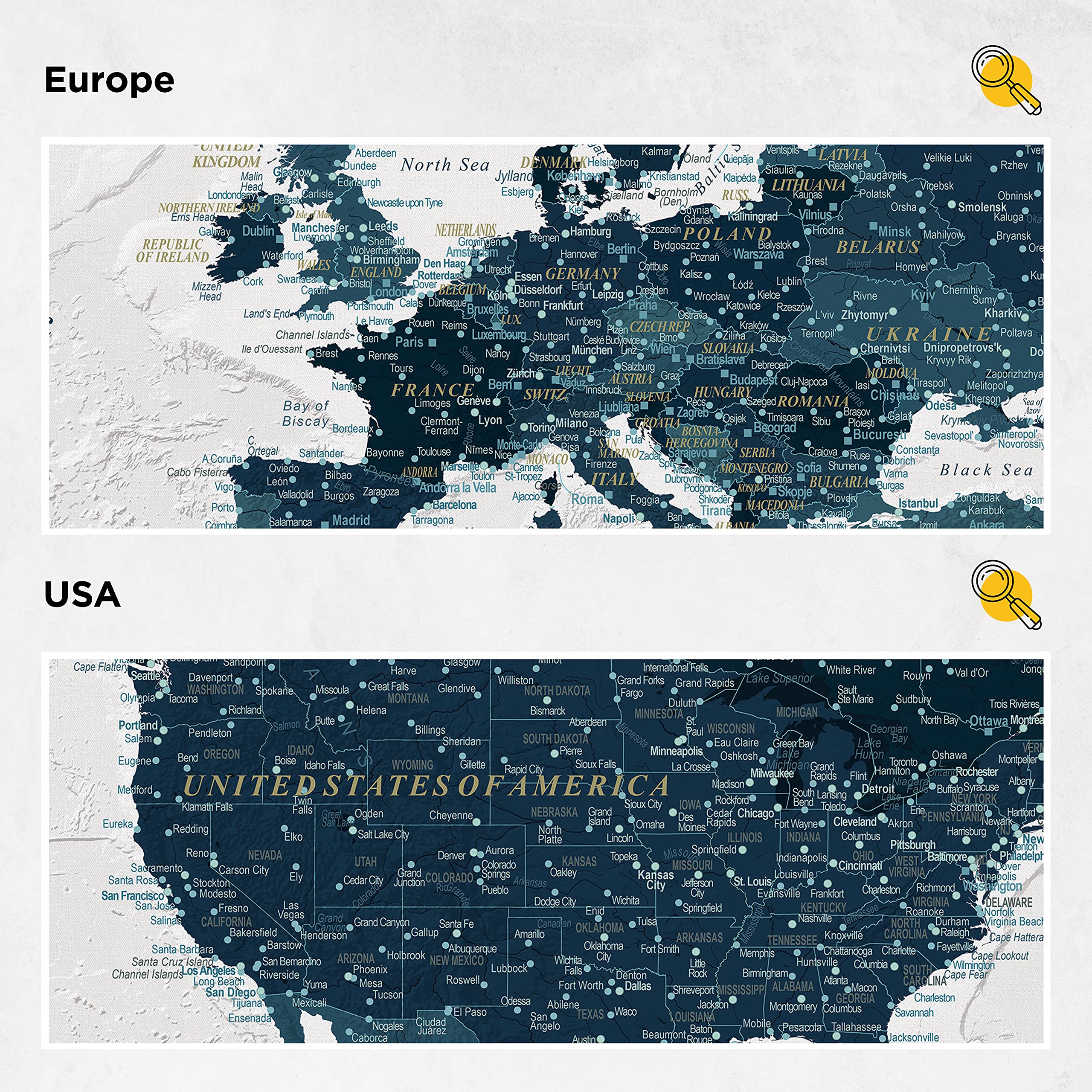 Trip map - Weltkarte Wand - Leinwand Weltkarte Pinnwand mit Pins - Kork Zum Markieren - Kunstdruck auf Echtholz Keilrahmen - 3 Größen zur Auswahl - Meerblau